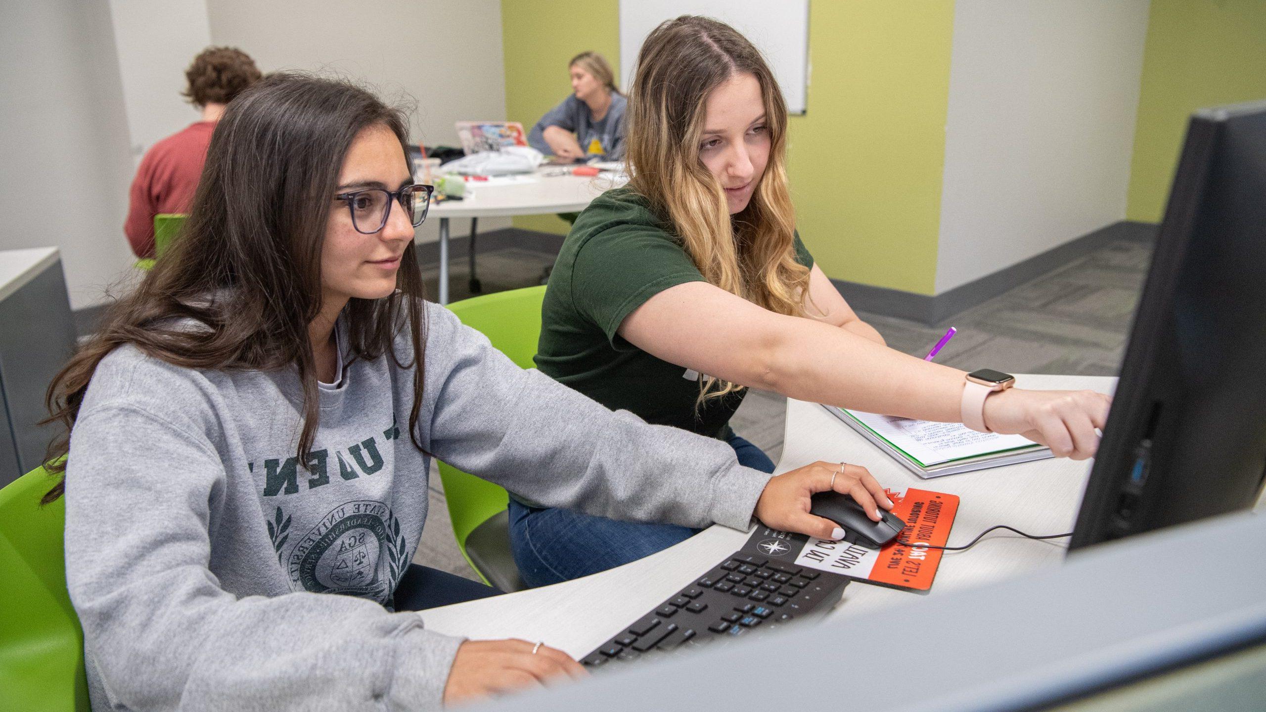 Two students in a computer lab working on an assignment.